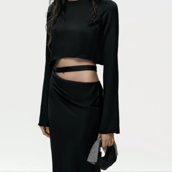 NWT Zara Black Satin Effect Cutout Waist Strap Maxi Dress, Size M - Picture 5 of 17
